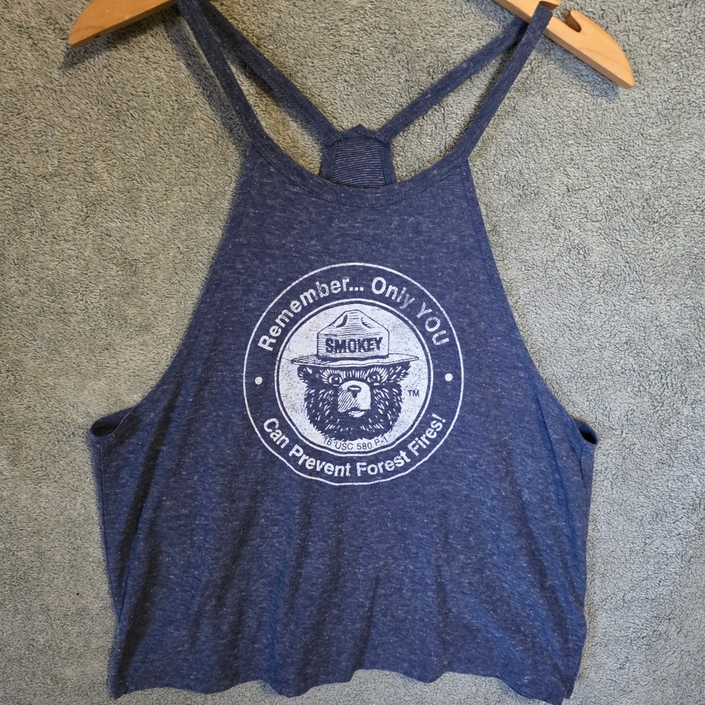 Smokey Bear Graphic Crop Tank Top Blue Heathered Racerback XL JT17362